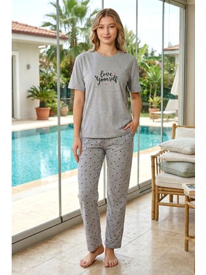 Remsa Kadın Desenli Kısa Kol Suprem Pijama Takımı 0626 Gri