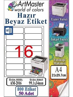 ArtMaster A4 Hazır Beyaz Etiket 99.1X34MM 50 Sayfa 1 Paket 16 Lı Kendinden Yapışkanlı Fotokopi Lazer Inkjet Kağıdı Yazıcılar Için