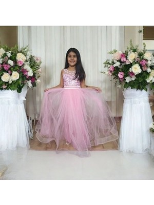 Ahsenim Bebe Yaka Fistolu Uzun 5-10 Yaş Kız Çocuk Abiye Elbise