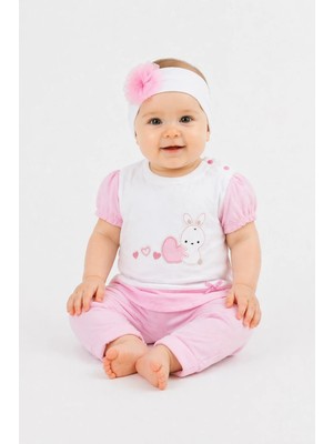 Dinamik çocuk Kız Bebek 3'lü Takım Kalp Tavşan Nakışlı Bandanalı Alt Üst Set Yazlık %100PAMUK 0-3-6-9AY