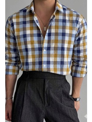 Tarz Cool Erkek Ekose Gömlek Slim Fit Pamuklu Uzun Kollu Günlük Şık Gömlek