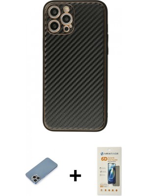 Marsilyan™- iPhone 12 Pro Kılıf Ahenk Işık - Siyah 6d Mat Seramik Hayalet Nano Ekran Koruyucu + Gökkuşağı Shine Kamera Lens Koruma Cam