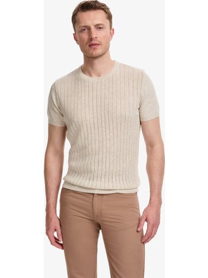 Pierre Cardin Erkek Bej Slim Fit Keten Karışımlı Bisiklet Yaka Triko Tişört 50323949-VR011