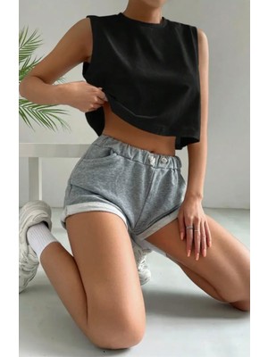 Punix Özel Seri Baskısız Düz Renk %100 Pamuk Hip Hop Kolsuz Kadın Oversize Crop T-Shirt