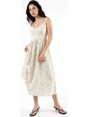 Hiccup Kadınlar Askılı Çiçek Desenli Midi Elbise Natural