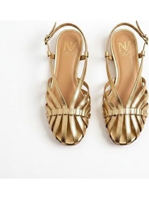 Ne&Ve Shoes Altın Deri Biye Kadın Günlük Sandalet