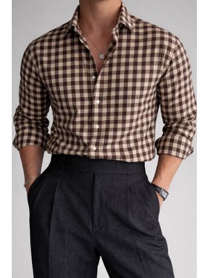 Tarz Cool Erkek Ekose Gömlek Slim Fit Pamuklu Uzun Kollu Günlük Şık Gömlek