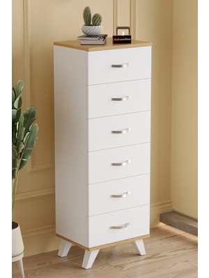 Aeka AE-3038 Belinda 6 Çekmeceli Beyaz Çam Şifonyer Komodin 132*45*36 cm