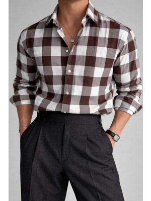Tarz Cool Erkek Ekose Gömlek Slim Fit Pamuklu Uzun Kollu Günlük Şık Gömlek