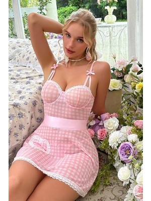 Bella Notte Tek Parça Toz Pembe Fiyonk ve Fırfır Detaylı Gecelik