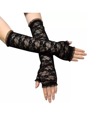 Naturion Szn1 Uzun Zarif Dantel Eldiven Parmaksız Siyah 35 cm Hnçr