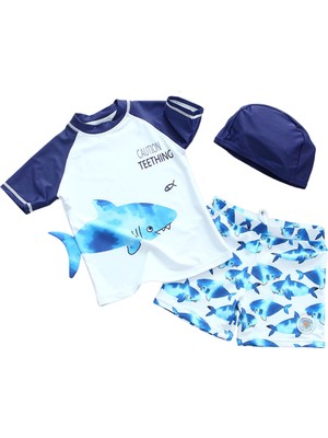 Petityu UPF50+ Güneş Korumalı Beyaz Laci Mavi Shark 3’lü Set Kısa Laci Kol Caution Teething Yazılı
