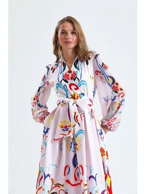 Hiccup Kadınlar MSN Çiçek Desenli Maxi A Kesim Sargılı Elbise, Bağlamalı Kapatma Beyaz