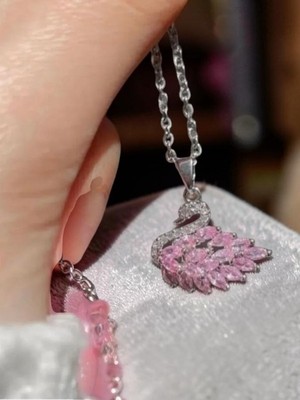 Deryora Kadın Pembe Kuğulu Pink Swan Taşlı Çelik Kolye