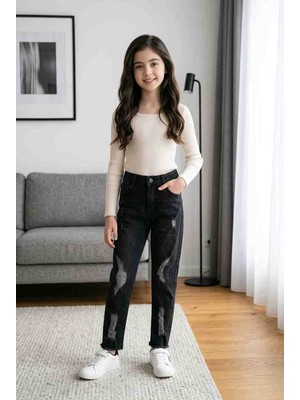 BBS Kız Çocuk Lazer Kesim Eskitme Detaylı Pantolon Jean - Antrasit Siyah Mom Fit