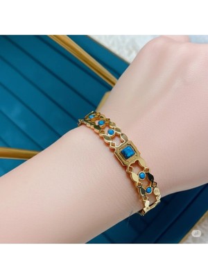 Famemus Accessory Sevgililer Gününe Özel Gold Çelik Turkuaz Taşlı Özel Tasarım Bileklik