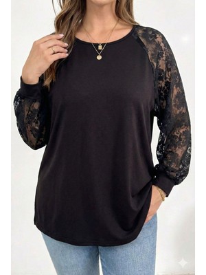 Koza Butik Kadın Büyük Beden Dantel Kollu Pamuklu Bluz 2035-26