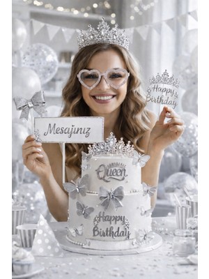 Dizayn Parti Evi Dzyn Queen Doğum Günü Parti Seti Taç Gözlük Pasta Süsü Kelebekli Dekor Seti (Çok Renk Seçenekli)