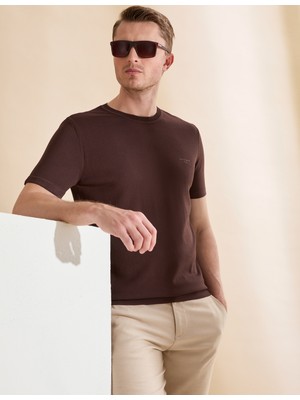 Pierre Cardin Erkek Koyu Kahverengi Slim Fit Bisiklet Yaka Triko Tişört 50320807-VR084