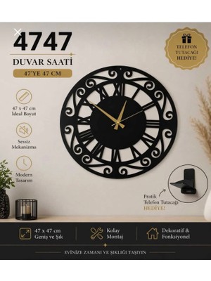 Madam Gold Dekoratif Sessiz Siyah Metal Duvar Saati 47X47CM Metal Telefon Tutacağı Hediyeli