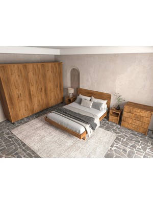 Renazzo Mobilya Softwood Ahşap Yatak Odası Seti- Iskandinav 6 Kapaklı Gardırop, Karyola ve Çekmeceli Şifonyer Takımı