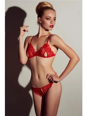 Pileli Store Kırmızı Dantelli Fantazi Sütyen ve G-String Takım BRF2048
