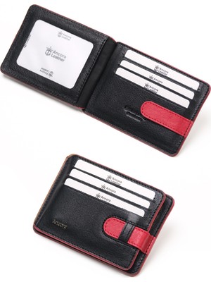 Ancora Leather Hakiki Deri-Minimal Tasarım KARTLIK-26205-Siyah/Kırmızı-KIŞIYE Özel Isim Baskılı