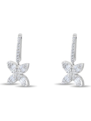 Lial Diamond 0.58 Karat Baget Pırlanta Küpe, Çiçek Motifli ,doğal Pırlanta, Sertifikalı Mücevher