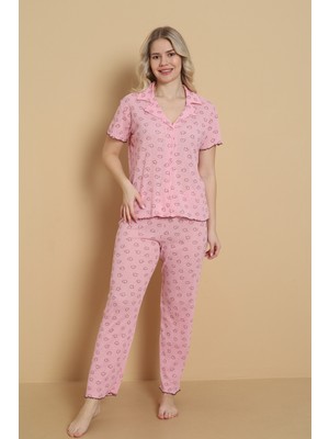 Wordex Mrn 1711 Kalp Desenli Pointel Ince Kumaş Düğmeli Kısa Kollu Kadın Pijama Takımı