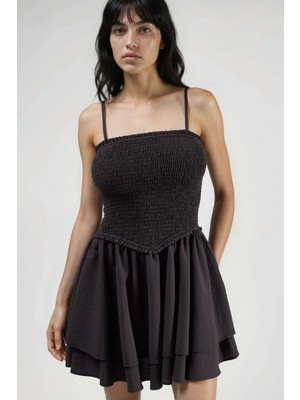 Hiccup Kadınlar Fırfırlı Kısa Elbise Mocha Kahvesi