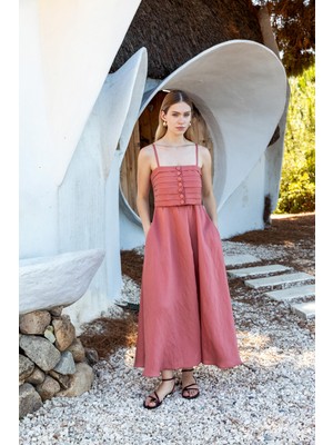 Pileli Ince Askılı Uzun Elbise