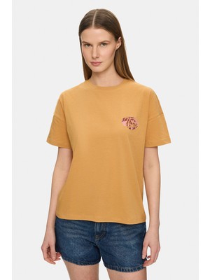 Ucla Marıluz Açık Turuncu Bisiklet Yaka Baskılı %100 Pamuk Loose Fit Kadın Tshirt