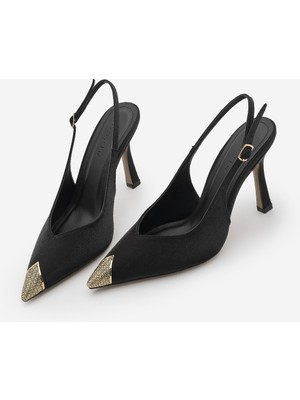 Marjin Kadın Stiletto Sivri Burun Önde Altın Metal Tokalı Arkası Açık Klasik Topuklu Ayakkabı Karima Siyah Saten