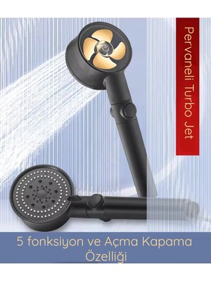 Kustar 5 Fonksiyonlu Turbo Jet Pervaneli Duş Başlığı Aç-Kapa Butonlu Siyah