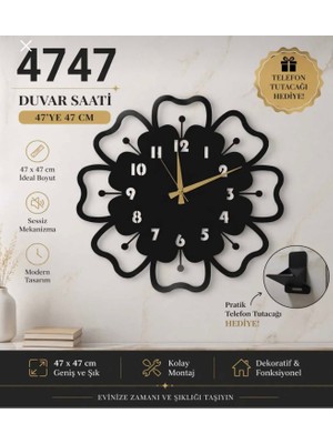 Dekoratif Sessiz Siyah Metal Duvar Saati 47X47CM Metal Telefon Tutacağı Hediyeli
