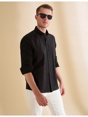 Pierre Cardin Erkek Siyah Keten Karışımlı Regular Fit Uzun Kollu Gömlek 50325356-VR046