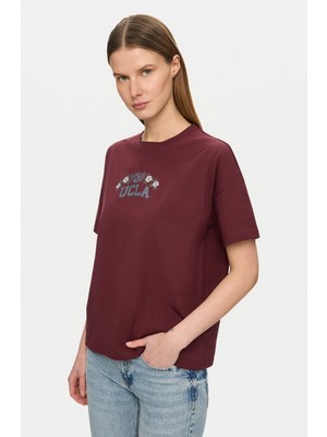 Ucla Azucena Bordo Bisiklet Yaka Baskılı %100 Pamuk Loose Fit Kadın Tshirt
