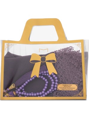 Hayrat Neşriyat Iğne Oyalı Şal (144X68 Cm) + Tesbih Hediye Seti (Asetat Çantalı, Lila)