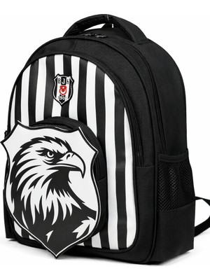 Beşiktaş Lisanslı Çubuklu Okul Çantası - 3 Bölmeli 3D Kartal Baskılı Siyah Beyaz Sırt Çantası