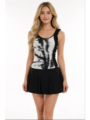 Desenli Fırfır Detaylı Etekli Mayo Siyah 8107