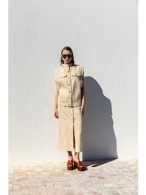 Kameya Gold Düğmeli Desenli Midi Etek