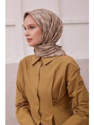 Belli Geometrik Desen Ipek Eşarp 4211D (Twıll) Bej Rengi - 05