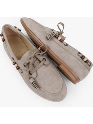 Shoeberry Kadın Costa Vizon Süet Boncuk Aksesuarlı Bağcıklı Loafer