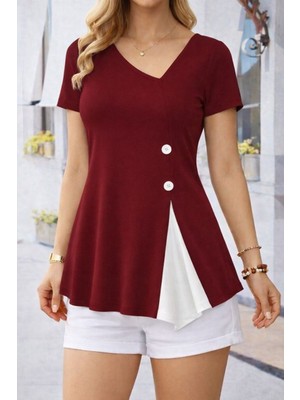 Kadın Kısa Kollu Asimetrik V Yakalı Düğme Detaylı Viskon Bluz