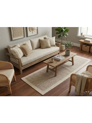 Sultan Halı Derin Sisal Bej Bordürlü Vizon Jüt Sisal Dekoratif Kaymaz Taban Yıkanabilir Halı | ST09