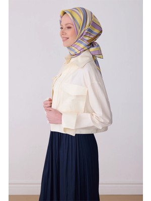 Belli Sarı Lila Geometrik Desen %100 Twill Ipek Eşarp 4311-03