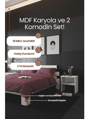 Renazzo Mobilya Lotus Çift Kişilik Mdf Modern Karyola ve Iki Adet Komodin Seti