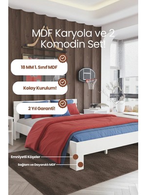 Renazzo Mobilya Letto Çift Kişilik 18 mm Mdf Modern Karyola ve Ikili Komodin Seti