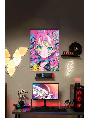 Neon Gamer Girl – Kawaii Tarz Anime Hd Metal Poster | Harajuku Estetiği