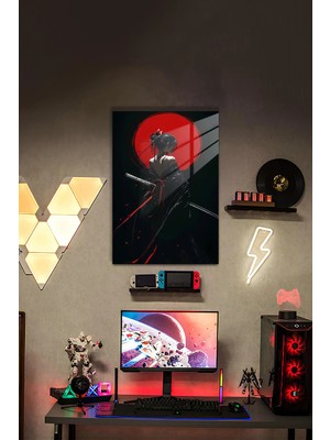 Kırmızı Ayın Altında Samuray Kadın – Japon Fantezi Hd Metal Poster